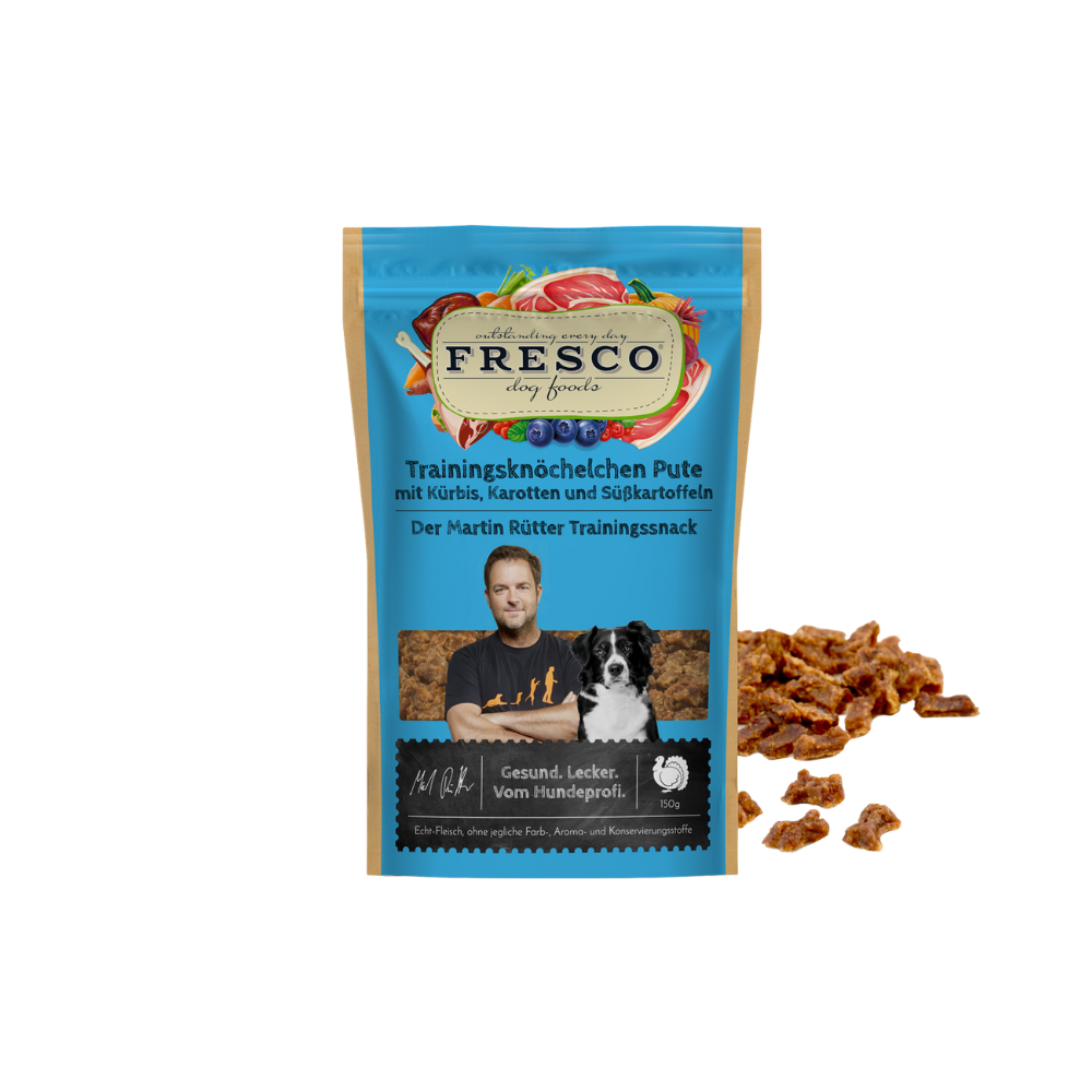 Martin Rütter Trainingsknöchelchen Pute mit Kürbis, Karotte und Süßkartoffeln – natürliche Monoprotein Leckerchen für Hunde, getreidefreie Trainingssnacks mit Fleisch und Früchten.
