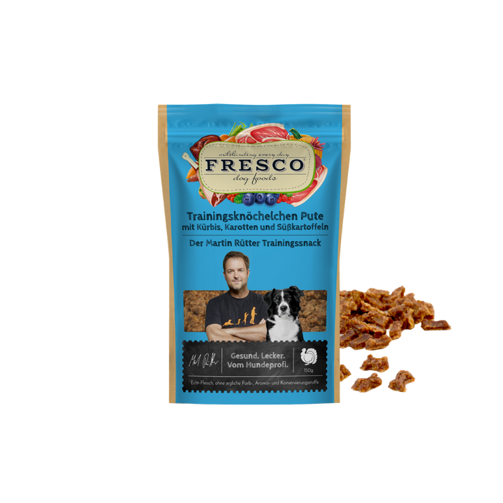 Martin Rütter Trainingsknöchelchen Pute mit Kürbis, Karotte und Süßkartoffeln – natürliche Monoprotein Leckerchen für Hunde, getreidefreie Trainingssnacks mit Fleisch und Früchten.