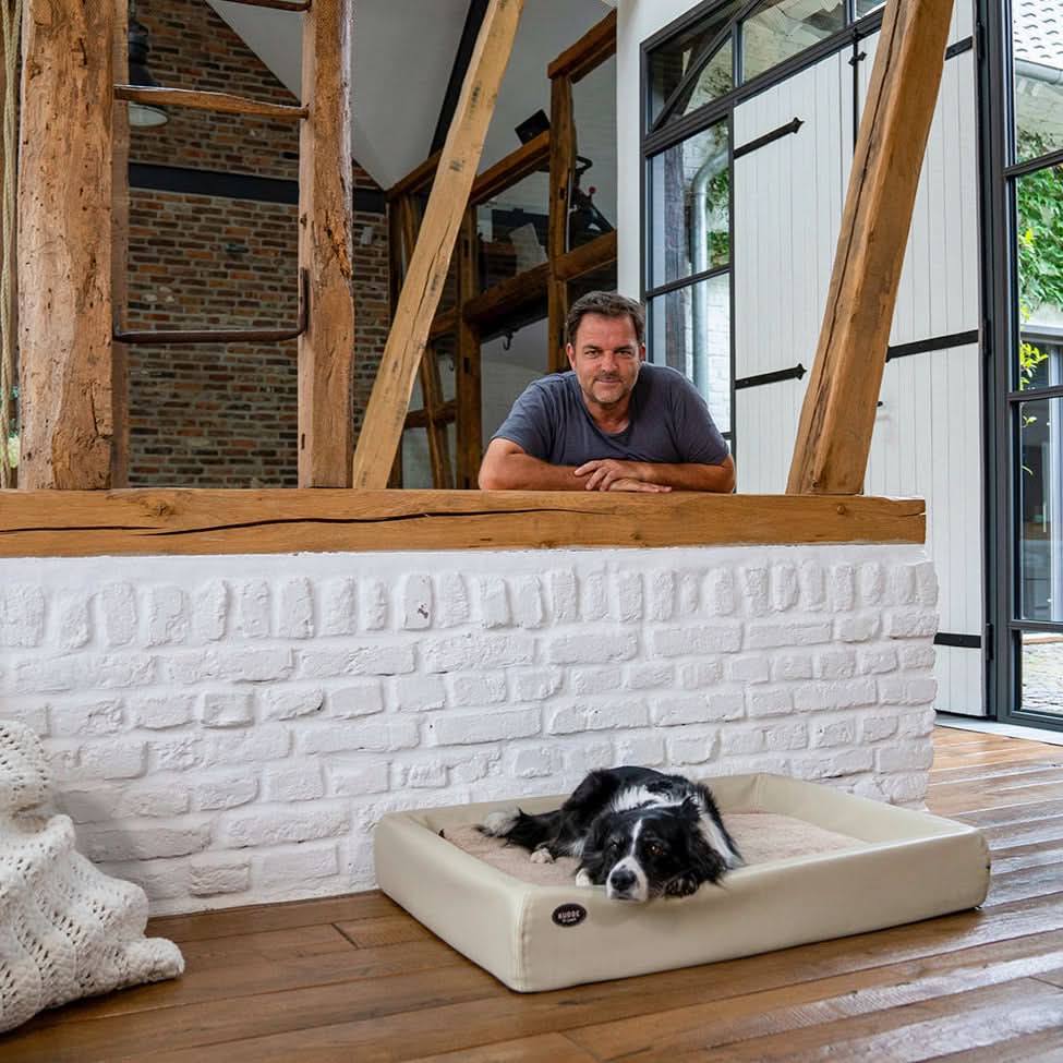 Hund Emma hat seinen Kopf auf dem Hundebett KUDDE mit Kunstlederbezug und GRATIS Hygge Pad abgelegt in der Farbe Moon