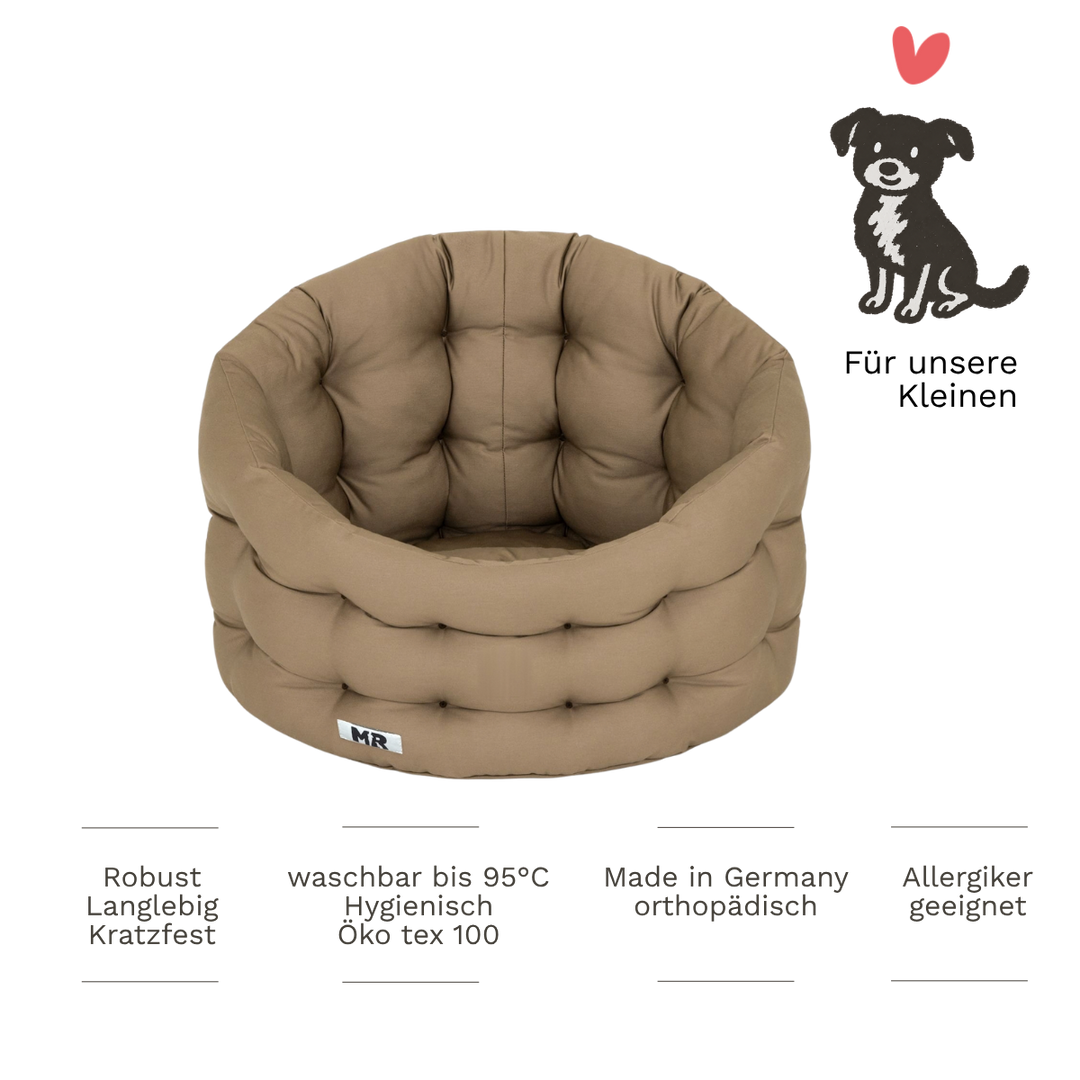 Hundenest von MartinRuetter mit hohem Rand zum ankuscheln in Premiumqualität in deutschland gefertigt und bis 95 C waschbar in beige. mit Produkteigenschaften
