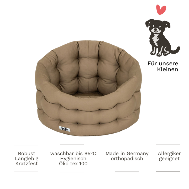 Hundenest von MartinRuetter mit hohem Rand zum ankuscheln in Premiumqualität in deutschland gefertigt und bis 95 C waschbar in beige. mit Produkteigenschaften