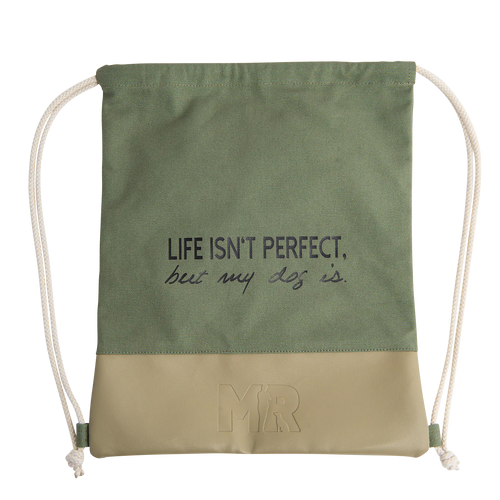 Rucksackbeutel "LIFE ISN'T PERFECT" in der Variante Khaki (Martin Rütter Shop)