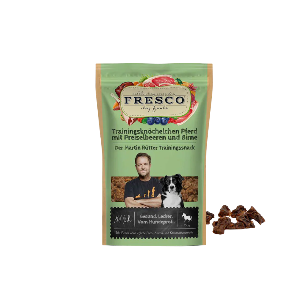 Martin Rütter Trainingsknöchelchen Pferd mit Preiselbeere und Birne – natürliche Monoprotein Leckerchen für Hunde, getreidefreie Trainingssnacks mit Fleisch und Früchten.
