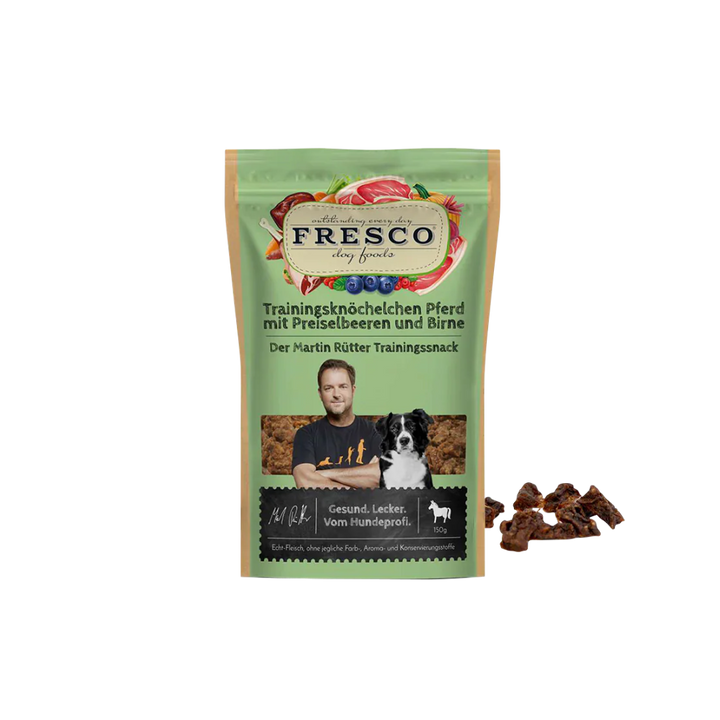 Martin Rütter Trainingsknöchelchen Pferd mit Preiselbeere und Birne – natürliche Monoprotein Leckerchen für Hunde, getreidefreie Trainingssnacks mit Fleisch und Früchten.