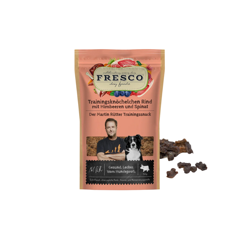 Martin Rütter Trainingsknöchelchen Rind mit Himbeeren – natürliche Monoprotein Leckerchen für Hunde, getreidefreie Trainingssnacks mit Fleisch und Früchten.