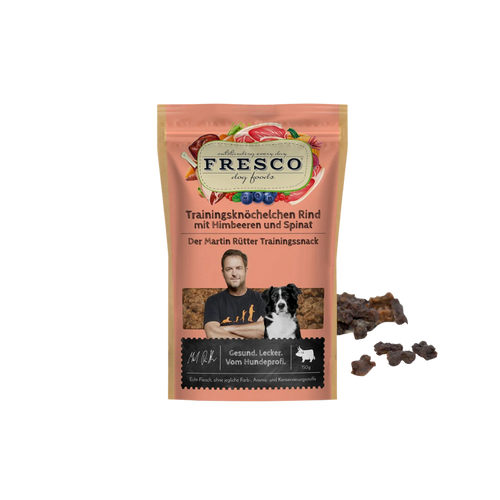 Martin Rütter Trainingsknöchelchen Rind mit Himbeeren – natürliche Monoprotein Leckerchen für Hunde, getreidefreie Trainingssnacks mit Fleisch und Früchten.