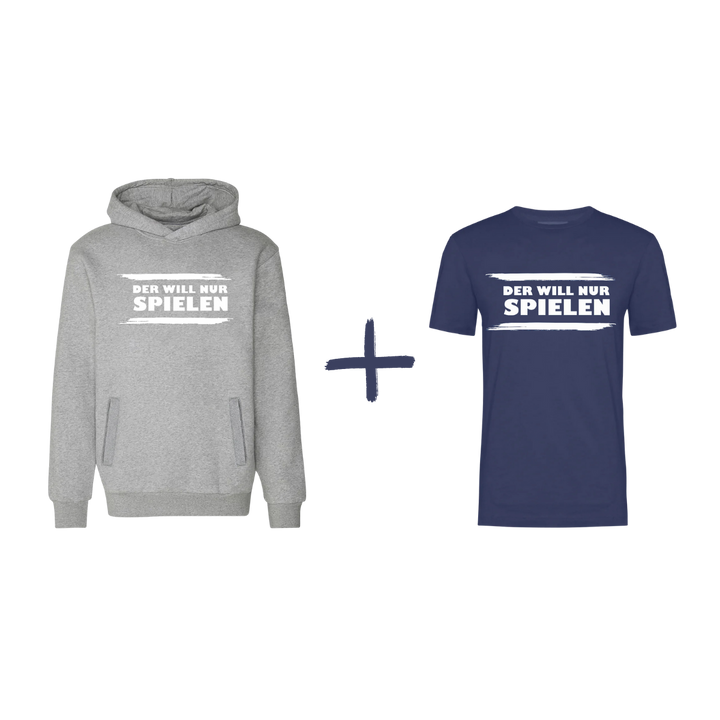 Tour Bundle - Hoodie & T-Shirt "DER WILL NUR SPIELEN!" Grau/Dunkelblau