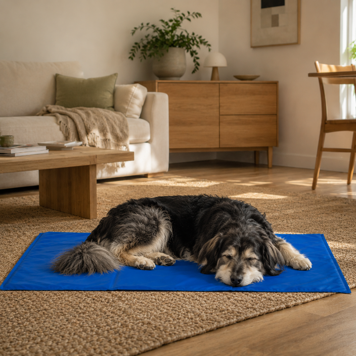 Hund auf Kühlmatte im Wohnzimmer