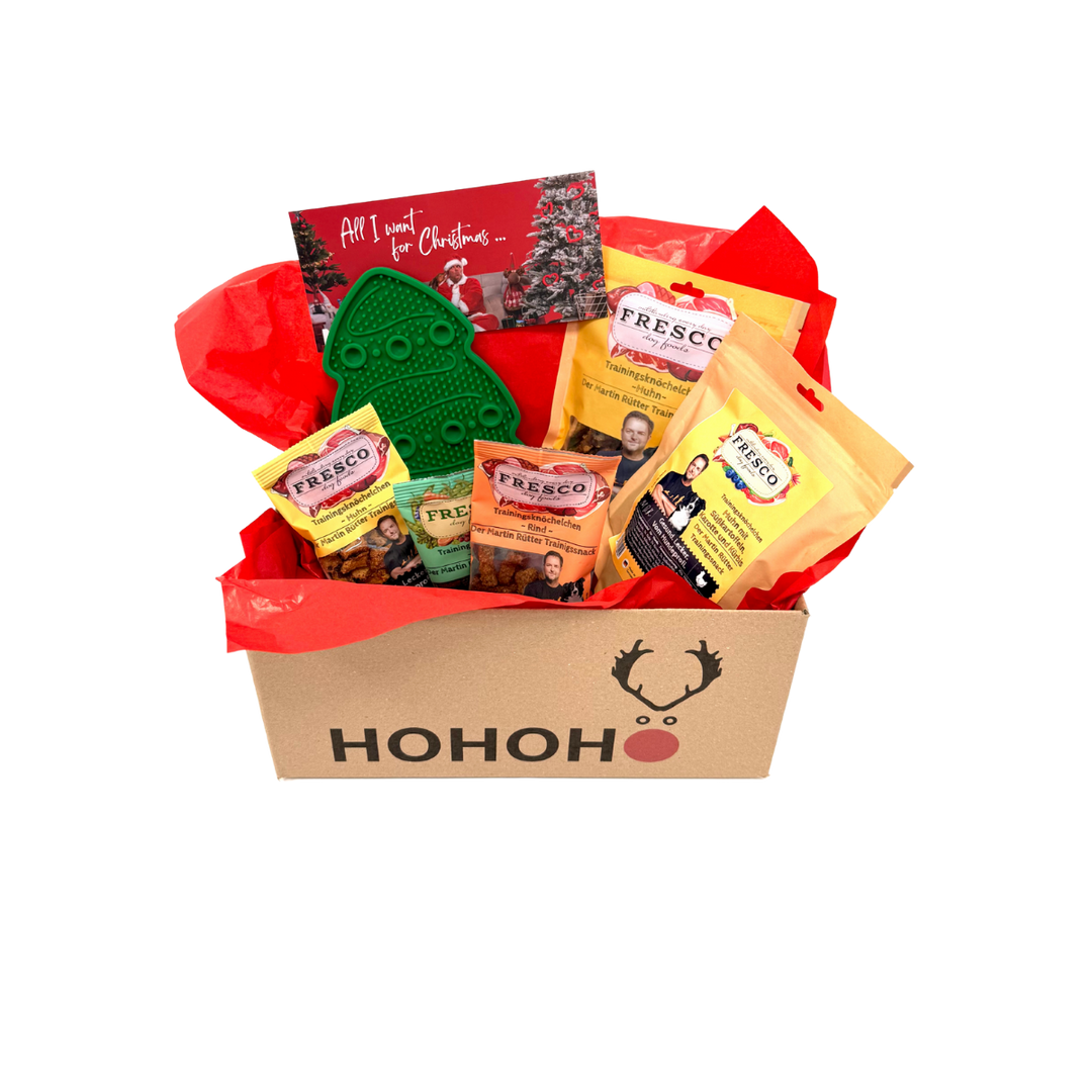 Kleine Weihnachtsbox Snack & Fun mit Leckmatte Tannenbaum