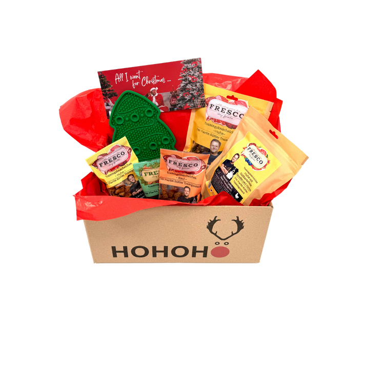 Kleine Weihnachtsbox Snack & Fun mit Leckmatte Tannenbaum