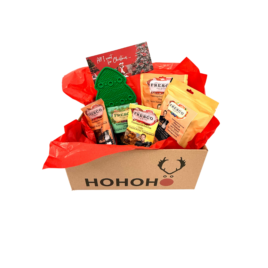 Kleine Weihnachtsbox Snack & Fun mit Leckmatte Tannenbaum