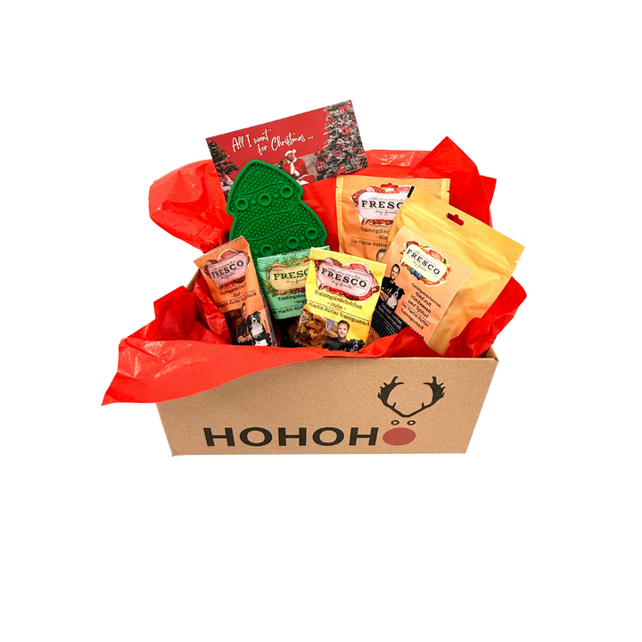 Kleine Weihnachtsbox Snack & Fun mit Leckmatte Tannenbaum