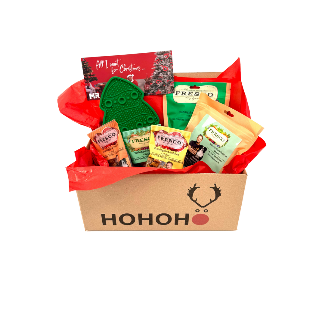 Kleine Weihnachtsbox Snack & Fun mit Leckmatte Tannenbaum