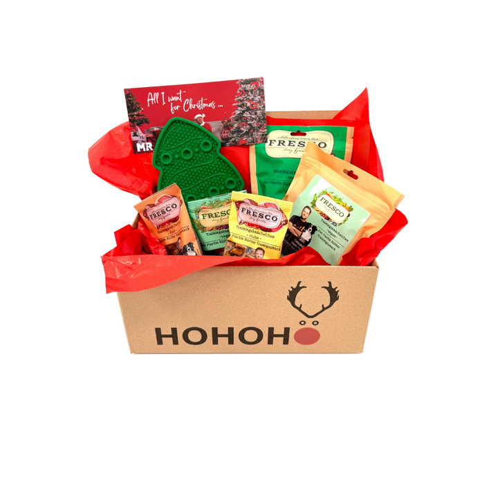 Kleine Weihnachtsbox Snack & Fun mit Leckmatte Tannenbaum