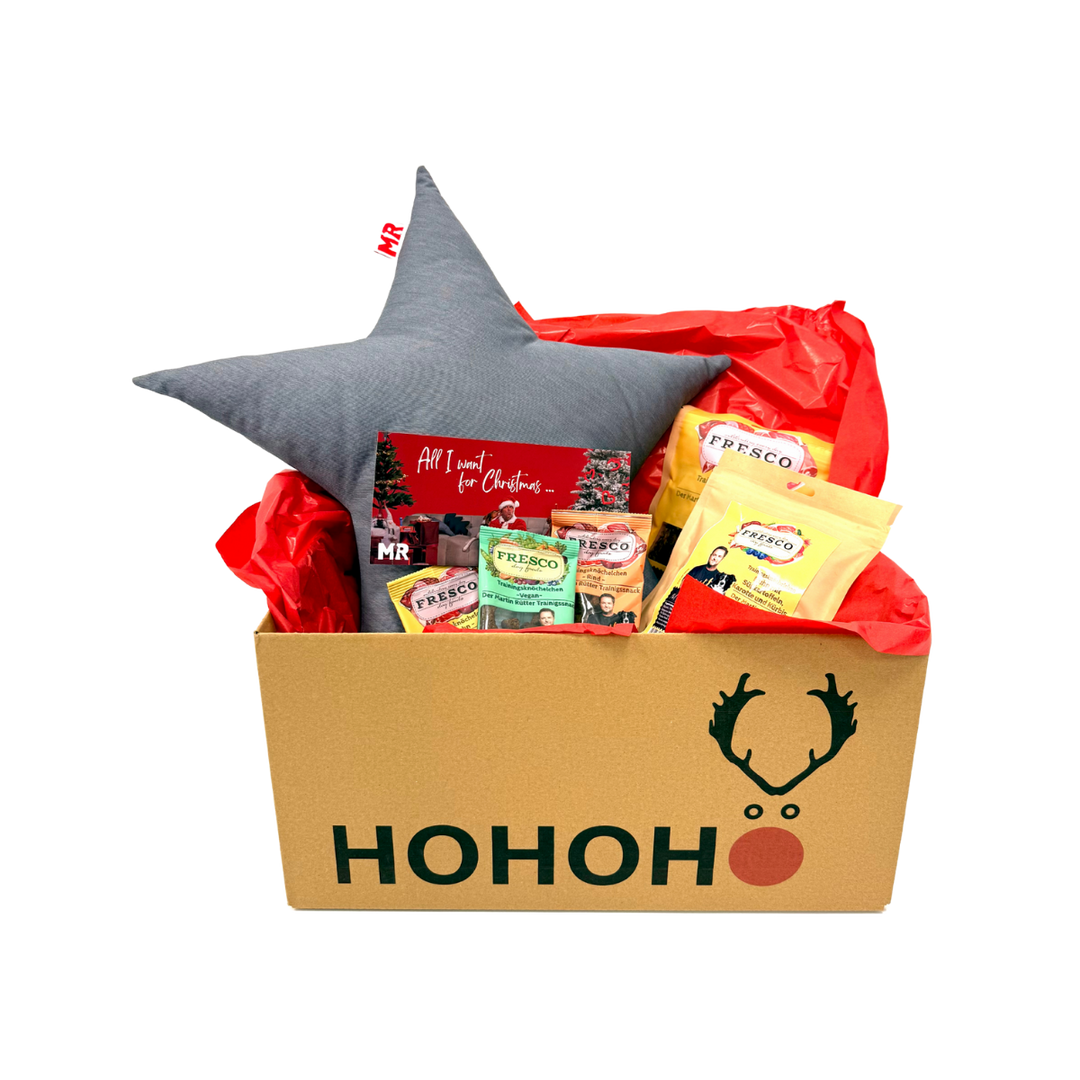 Große Weihnachtsbox Snack & Fun mit Sternkissen