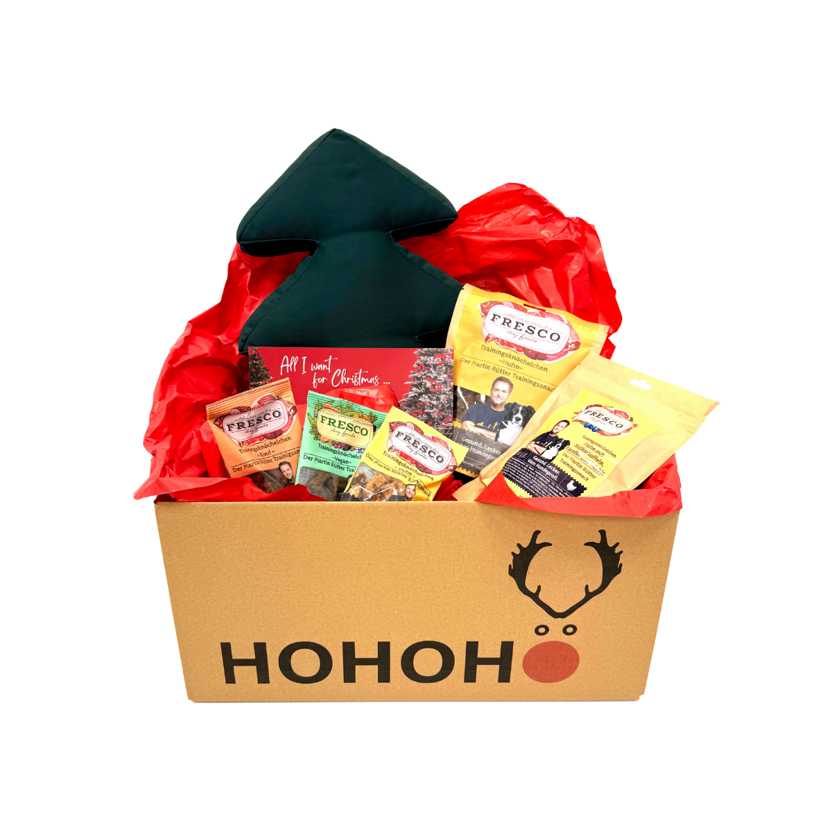 Große Weihnachtsbox Snack & Fun mit Tannenbaumkissen