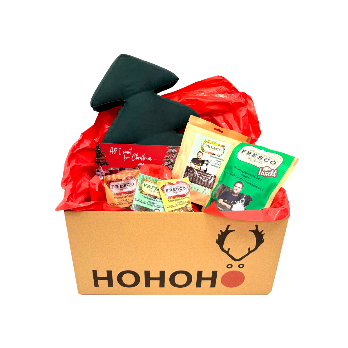 Große Weihnachtsbox Snack & Fun mit Tannenbaumkissen