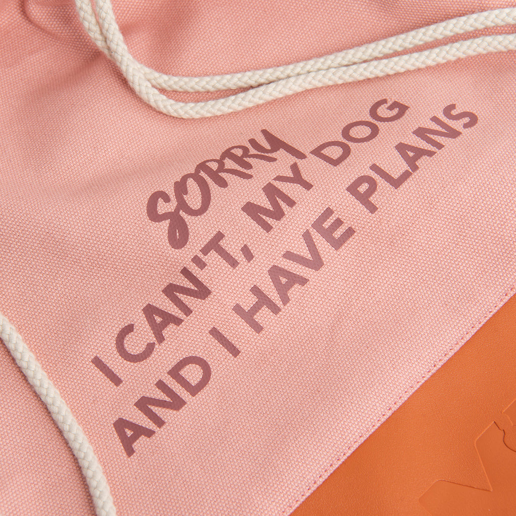 Fokus auf dem oberen Teil des Rucksackbeutels aus 100% Canvas in der Farbe Rosa mit dem Aufdruck "Sorry I CAN’T, MY DOG AND I HAVE PLANS“