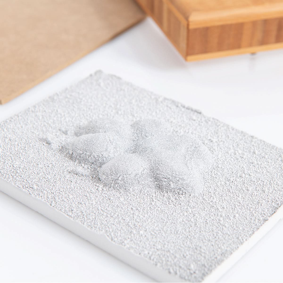 Pfotenabdruck im Gips des Bambus Rahmens 