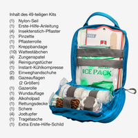 Inhaltsangabe der Verbandtasche mit Pinzette, Rettungsdecke, Pflasterrolle und Kreppbandage